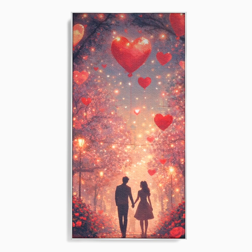 Tablou canvas cu ilustratie cu un cuplu pe alee, in rama de aluminiu argintiu